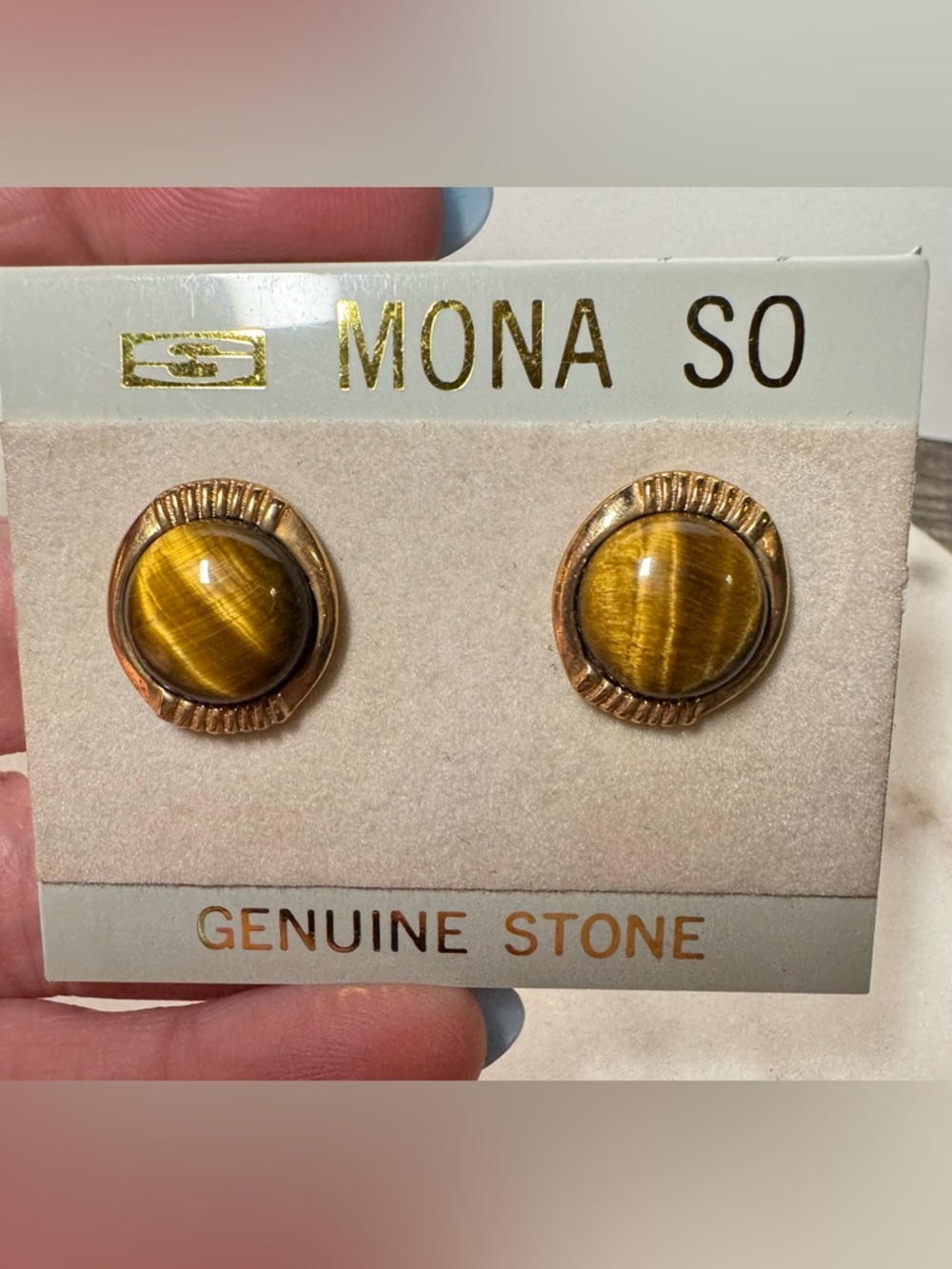 Vintage Mona Genuine Tiger Eye Stud Earrings Gold Tone NOS on Card